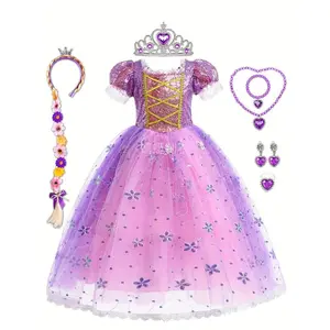New[Purple Princess] Purple Princess Dress for Girls |           Includes Crown, Necklace, Ring & Bag Set - Perfect for Birthdays, Halloween, Christmas Parties & Performances