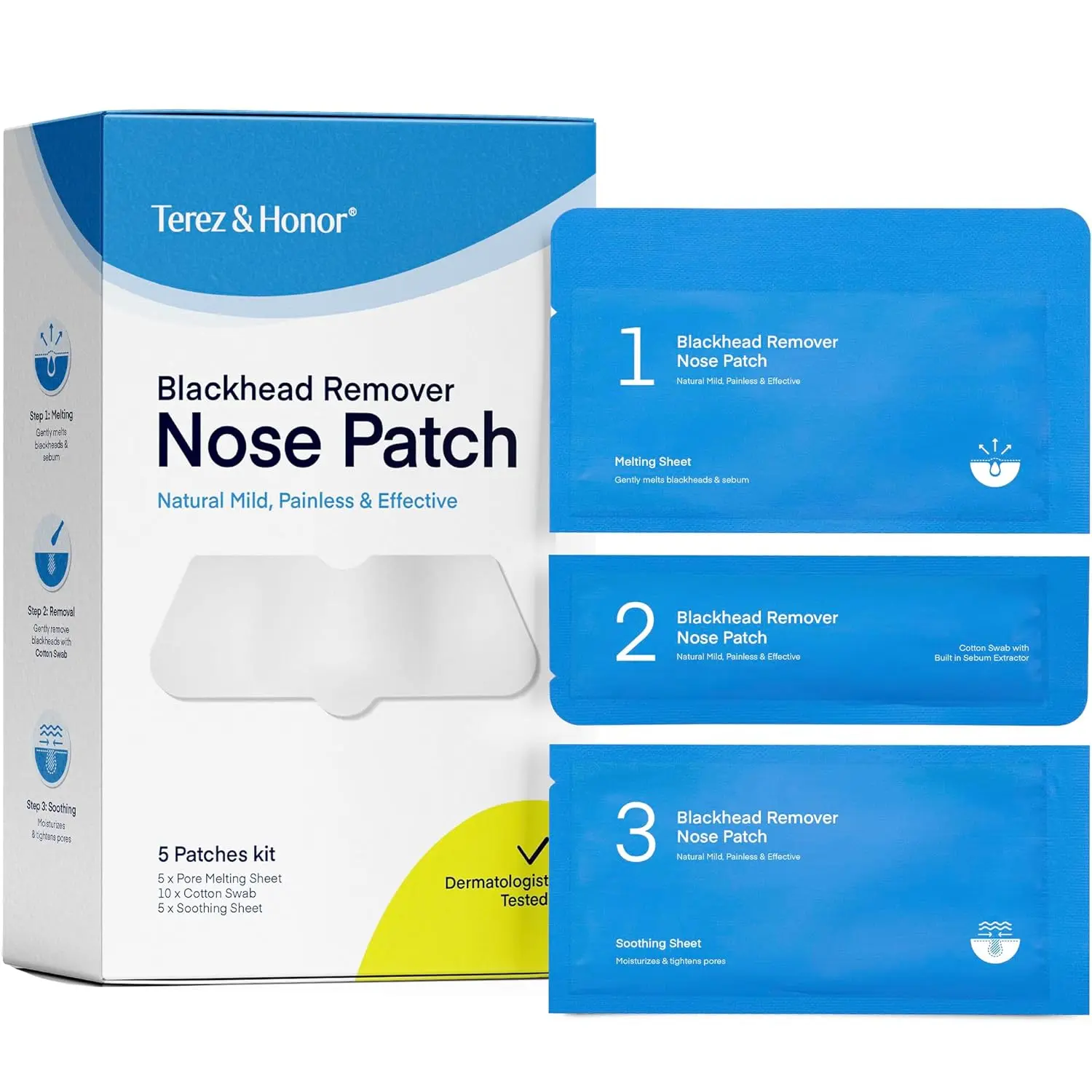 Terez & Honor Blackhead Remover Nose Pore Patches: Mild, Painless Korean Formula Targets Pores & Pimples. Dermatologist Tested, Cruelty-Free, 5 Pcs