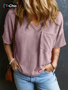 Women's Plain Textured Pocket V Neck Tee, Casual Drop Shoulder Half Sleeve T-Shirt for Summer, Ladies Clothes for Daily Wear, Casual Fashionable Top, Cute Tops