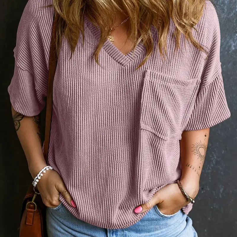 Women's Plain Textured Pocket V-Neck Tee, Casual Drop-Shoulder Half-Sleeve T-Shirt for Summer, Ladies Clothes for Daily Wear, Casual Fashionable Top, Cute Tops, Casual Chic Minimalist