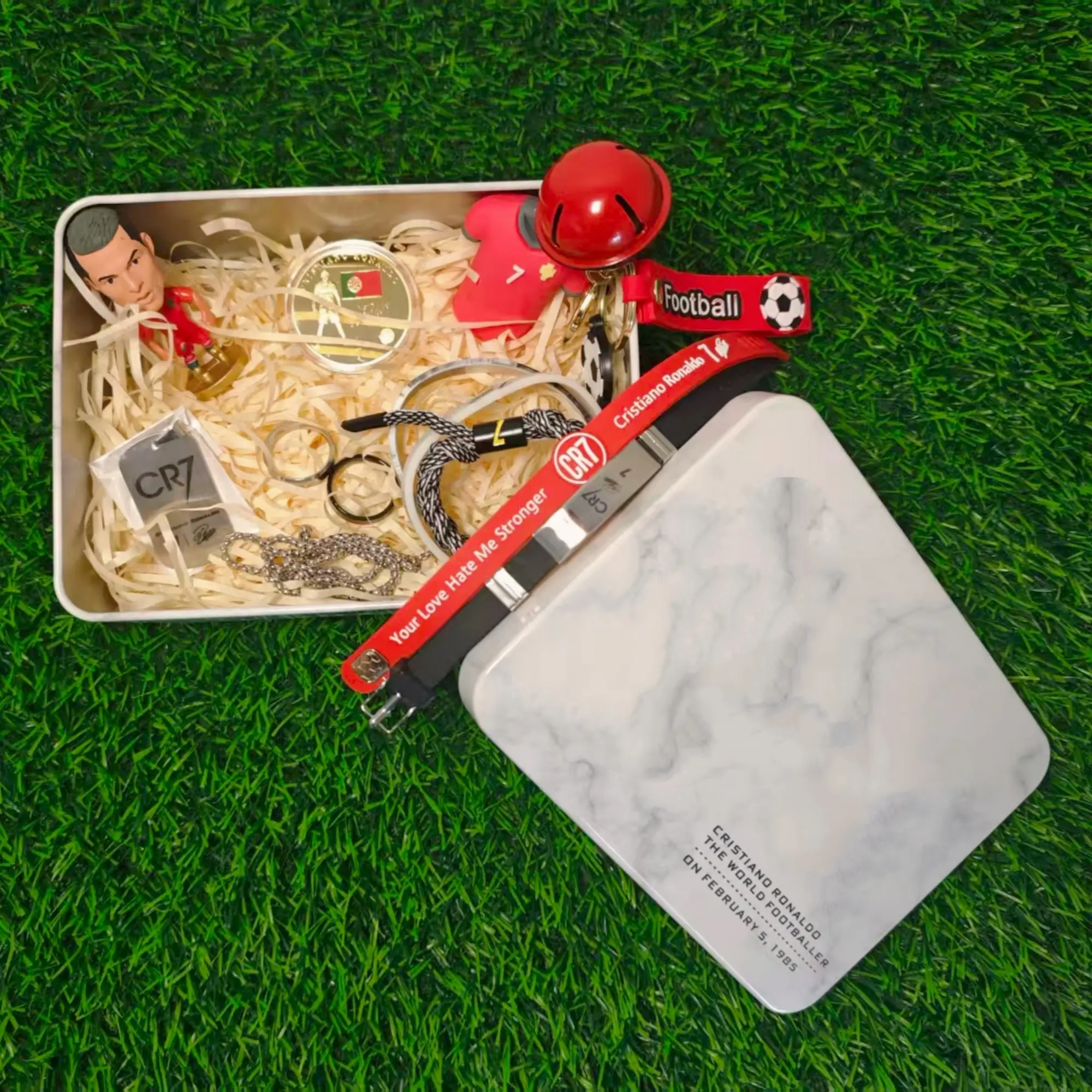 CR7 No.7 Soccer Legends 13-in-1 Accessories Gift Bundle - Premium Keepsake Tin Box with Sports Wristbands, Jewelry Necklace, Rings & Figure