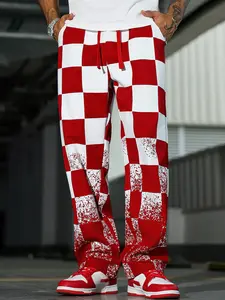 Checkerboard Print Wide Leg Pants | Red & White Bleach Splash Baggy Trousers | Y2K Streetwear Casual Vibe Pants | Unisex Fashion