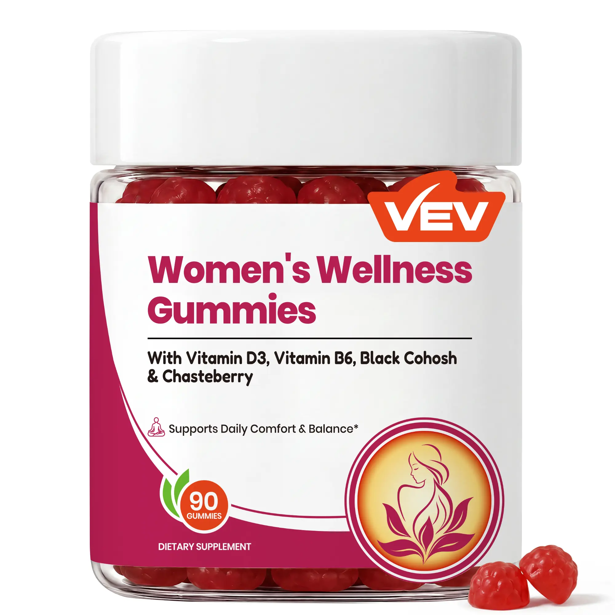 VEV Women’s Wellness Gummies with Black Cohosh, Chasteberry, Vitamin D3, B6 & Probiotics – 90ct