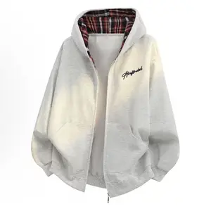 Autumn Essential Zip-Up Black Hoodie with Plaid Lined Hood Cozy Oversized Streetwear for Fall Unisex Polyester Material with Front Pocket