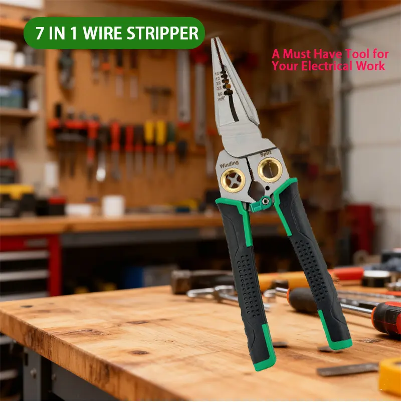7-in-1 Multi-Function Electrician's Wire Stripper for Stripping Cutting Crimping Splitting and Wrapping Professional Tool for Electrical Work Plumbing and DIY