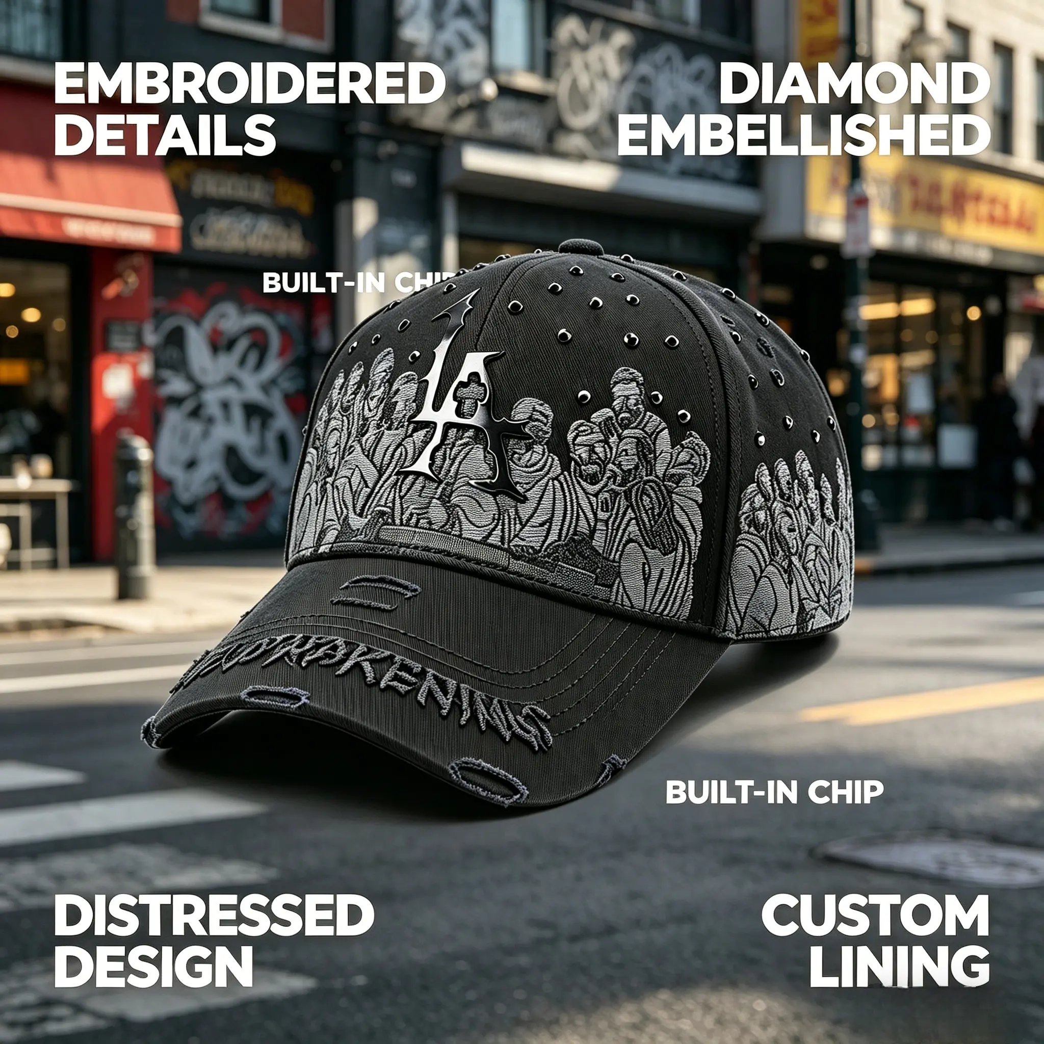 Gothic-Style "Last Supper" Embroidered Baseball Cap Unisex Black Urban Aesthetic Hat with Adjustable Back Strap Y2K-Inspired Rhinestone Gothic Art Ideal for Streetwear Parties Valentine's Day