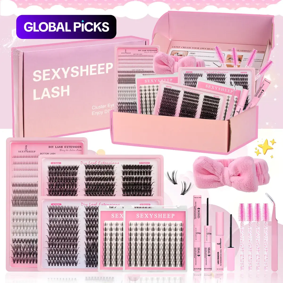 Mixed Style False Eyelash Gift Box, Cluster False Eyelashes, Individual Eyelash Extension Kit with Soft Curled Lash Clusters, Glue, Remover, Tweezers, Brushes and Headband, DIY False Lash Cluster Extensions #GLOBAL PICKS