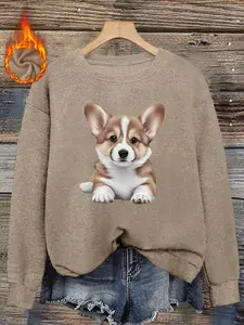 Cute Corgi Dog Print Fitted Sweater for Women, Casual Round Neck Knit Top, Fall & Winter Fashion, Daily Commuter Wear