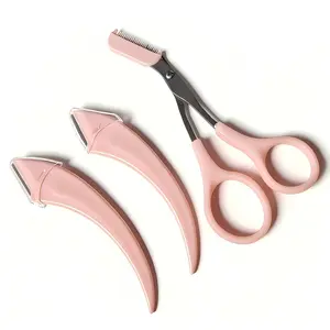 Beginner Proof Eyebrow Grooming Kit，2 Razors+1 Eyebrow Scissors+Trimmer，Imported Stainless Steel，Salon Approved Pink Bathroom Accessory