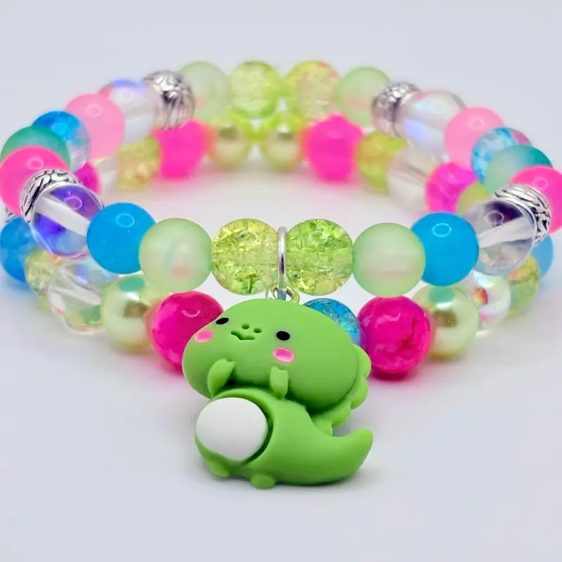 Dope Jewelry Co. Green Dino Bracelet Set Neon Candycore Beaded Stack with Adorable Dino Charm for Trendy Looks