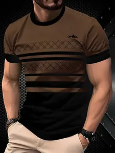 Men's striped Geometric printed crew neck T-shirt, a stylish summer streetwear sporty short-sleeved shirt for everyday wear.