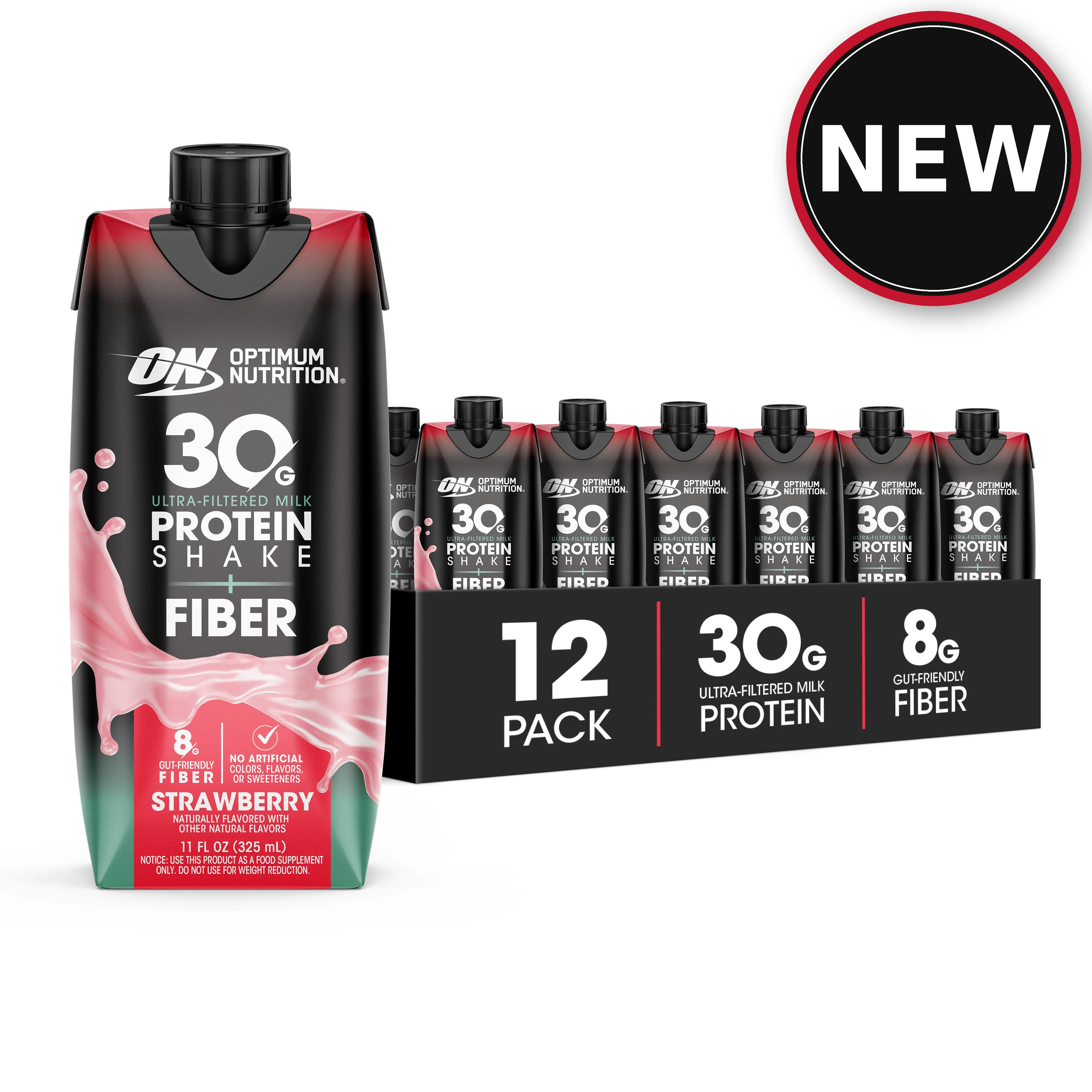 Optimum Nutrition Ultra-Filtered Milk 30g Protein Shake + Fiber, Supports Muscle & Gut Health, Strawberry, 11 fl oz (4-Pack)
