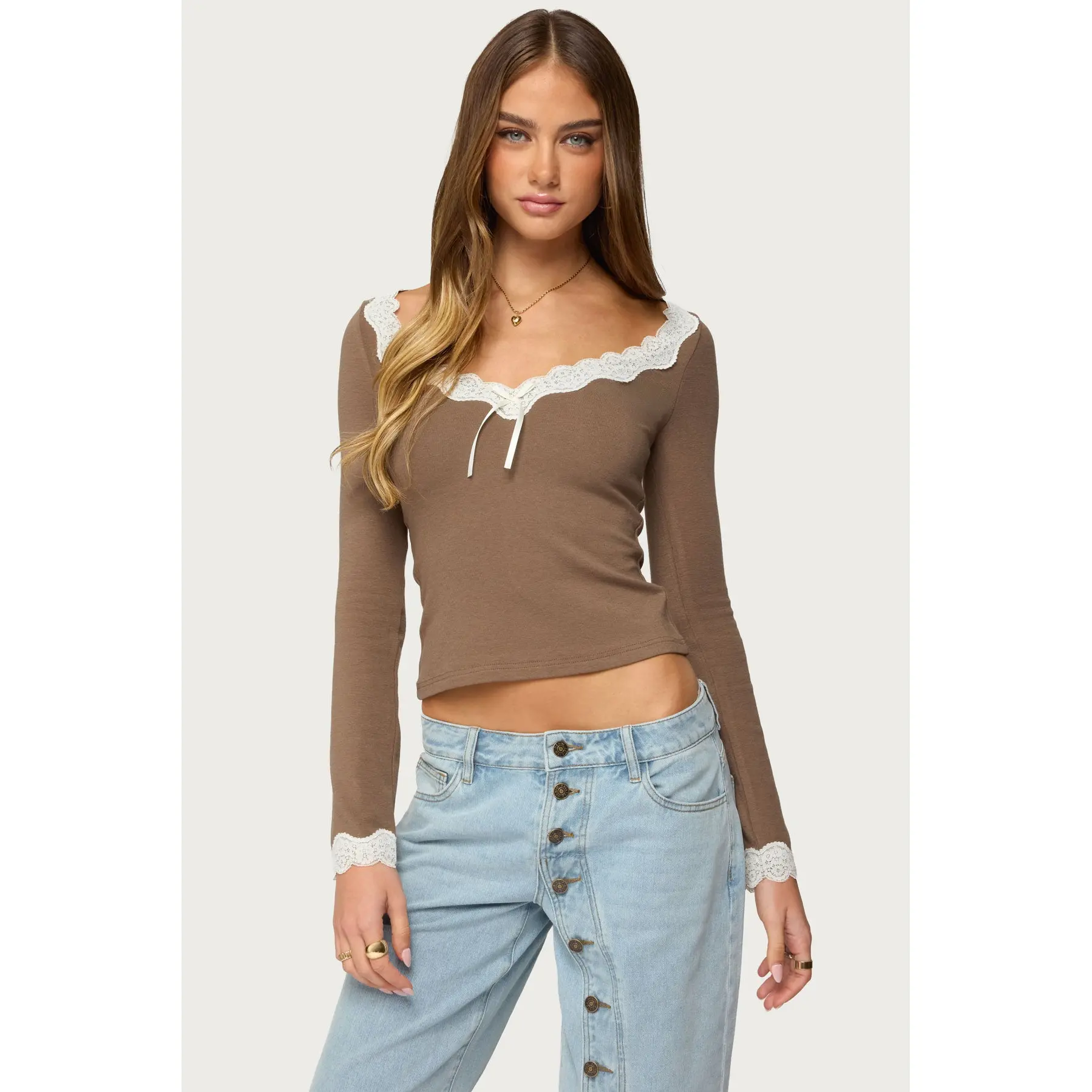 Contrast Lacey Long Sleeve Top