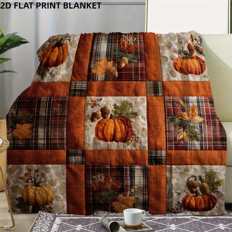 【Blanket】Vintage Fall Pumpkin-Acorn-Maple Leaf Plaid Patchwork Flannel Fleeced Throw Blanket - Premium Lightweight Multifunctional, Cozy Warm for Cozy Nap Time, Farmhouse Look Room & House Decor Thanksgiving Gift