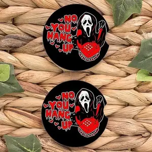 2 PCS Funny Black Ghost Car Cup Holder Coaster - Cute Ceramic Cup Holder for Valentine's Day, Halloween - Horror Skull Face Automotive Accessories