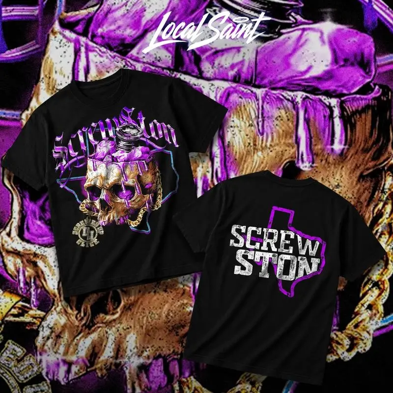 LOCALSAINT Screwston TX Purple Skull Heavy Cotton Unisex Graphic T-Shirt Hoodie Houston Rap Texas Screwed Up Click DJ Screw 713 Crewneck Tee, Vintage Streetwear