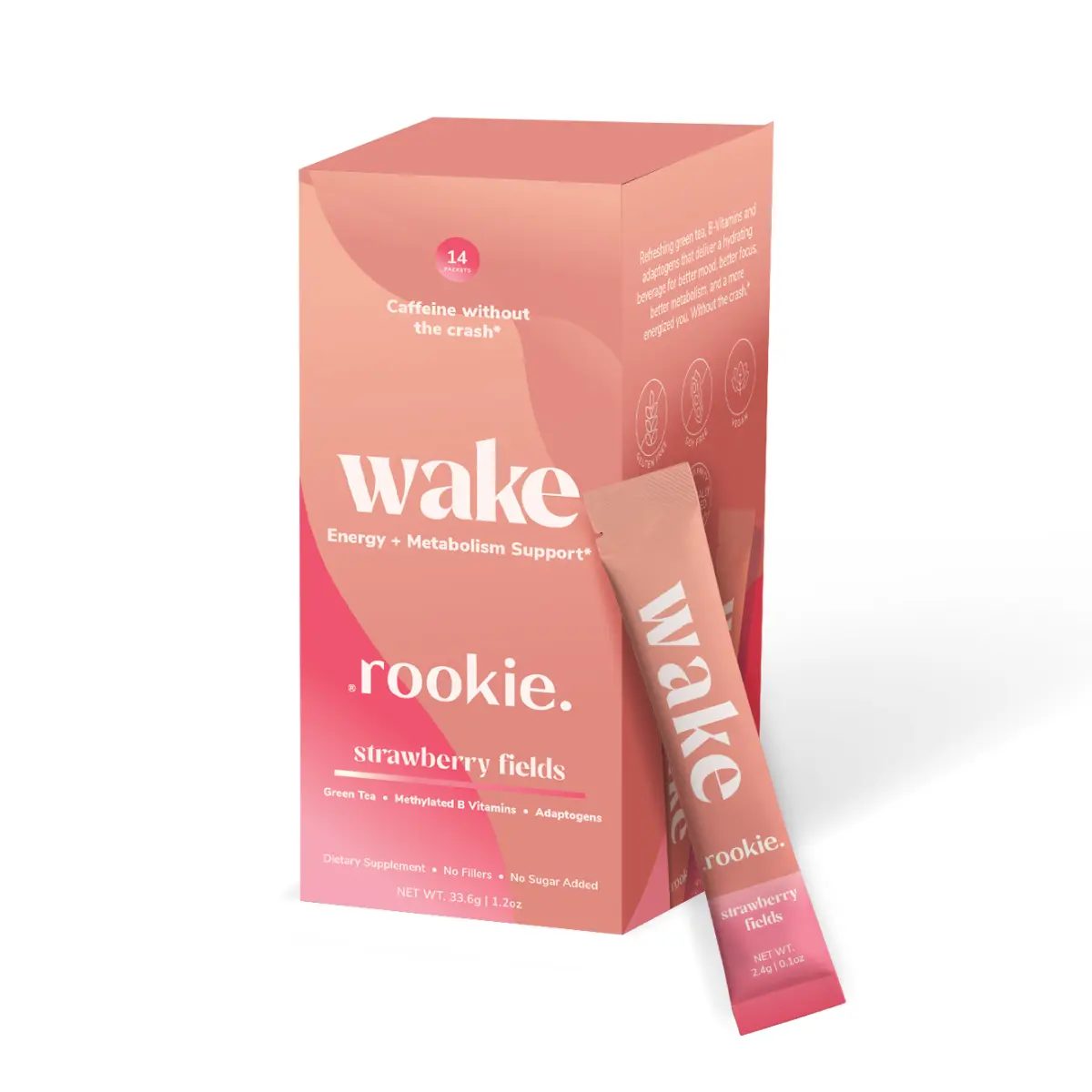Rookie Wake Energy & Focus Drink - 125mg Green Tea Caffeine, B Vitamins, Sugar-Free, Natural Antioxidant Beverage for Sports & Professionals Metabolism Support Strawberry Fields