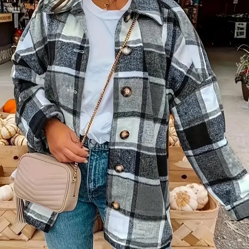 Women’s Plaid Wool Flannel Shacket  Long Sleeve Button Down Oversized Shirt Blouse Collared Comfort Casual Basic Tops