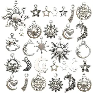 100g(80pcs) Craft Supplies Mixed Antique Silver Sun Moon Stars Charms Pendants for Crafting, Jewelry Findings Making Accessory for DIY Necklace Bracelet (M250)