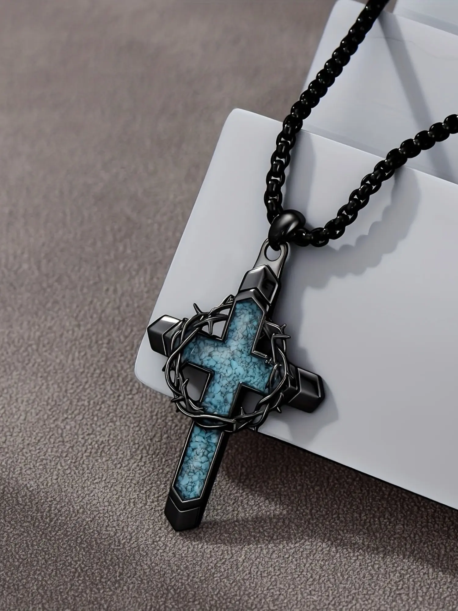 Men's Thorn Crown Cross Necklace with Vintage Turquoise Pendant, Punk Style Gift for Friends, Perfect for Holidays and Birthdays, Necklets