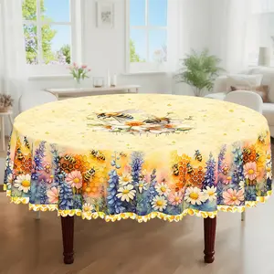 1pc, Spring Summer Themed Party Tablecloth, Bee Daisy Lavender Floral Printed Design, Rectangular/Round/Oval Table Cloth, Embossed Edges, Suitable For Picnic Dinner Kitchen Dining Room Decoration