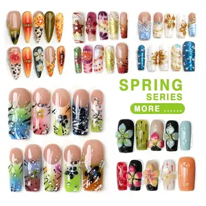 Spring Series | 100% 3D Handmade Acrylic Nails | with Almond Square Stiletto Shape | Easy to Apply & Remove | No Glue Damage | Reusable Up to 5 Times | Perfect Fit for Melanin Nails & Finger | Suitable for Elegant Daily & Daily Wear