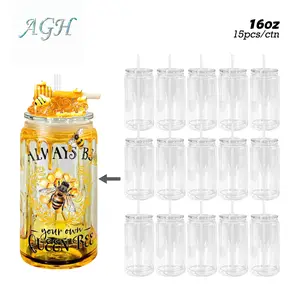 AGH US 15pcs/ctn 16 OZ Clear Cups with Clear Lids Snow Globe Plastic Tumbler with Lids and Straw for UV Sticker Custom DIY