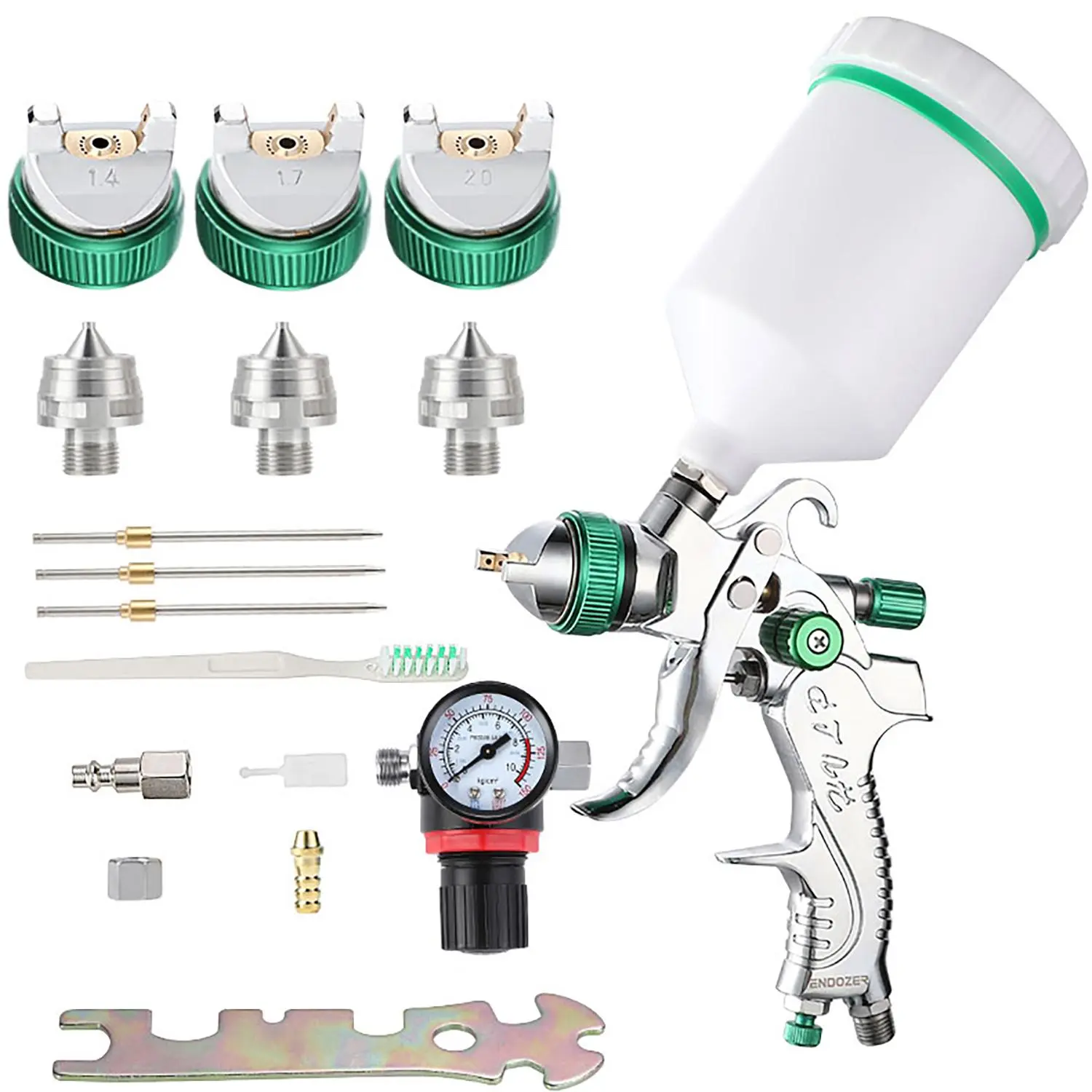 ENDOZER Portable Brass HVLP Spray Gun Set with HVLP System - Professional Gravity Feed Paint Sprayer Tool, 1.3/1.5/1.8mm Nozzles, 20 oz (600cc) Cup, Gauge for Auto Paint, Primer, Mural Painting Spray Finishing, Uniform Spray