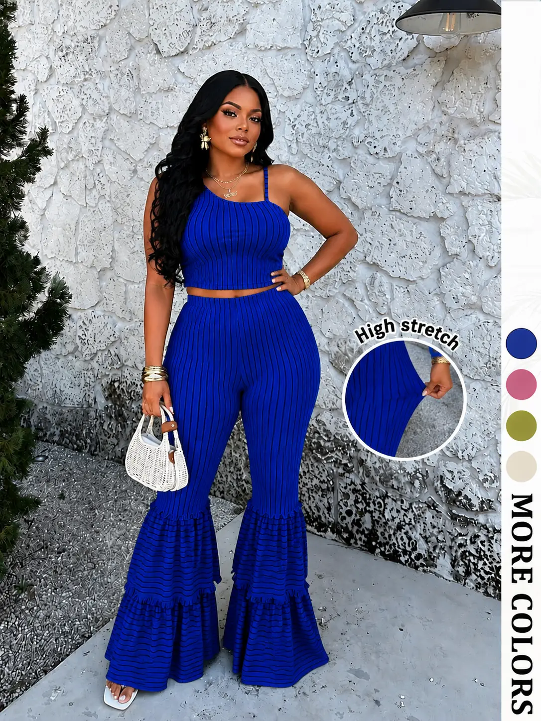 Women's 2-Piece Striped Coordinates Set - Chic, Lightweight, Basic, Comfortable Sleeveless Cropped Top with High-Waisted Double-Layer Ruffle Flare Pants for Summer Vacation, Going Out, Short, Women's 2 Piece Set, Matching, Casual, 2 Piece Sets