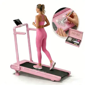 Portable Pink Walking Pad with DIY Crystal Kit, Foldable Under Desk Treadmill for Home Workout, Cute Compact Treadmill, At Home Gym Equipment for Walking and Cardio 3-in-1 Vibration