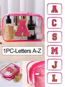 Transparent PVC Portable Storage Bag with Towel, Embroidered Letters A-Z, Large Capacity Cosmetic Organizer, Waterproof Zipper Makeup Bag