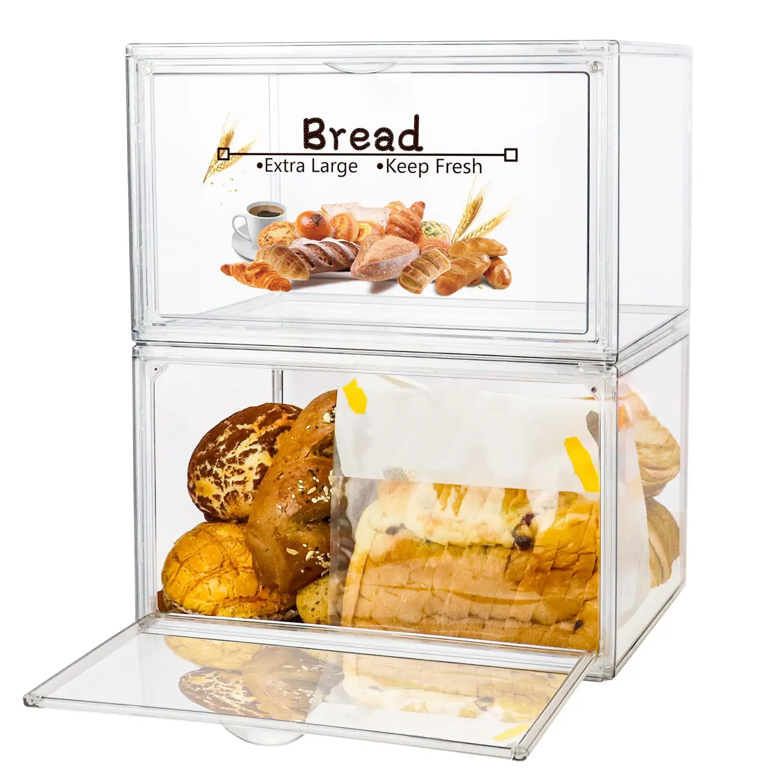 2pcs Large Bread Box For Countertop  Stackable Double Layer Storage Container Clear Boxes Kitchen Counter Keeper Homemade Bagel Muffins Rolls
