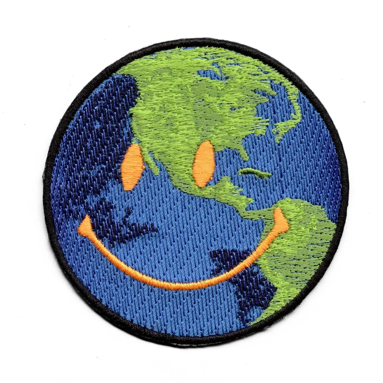 Happy Face Earth Patch Smiley Circle World  Embroidered Iron On Patch