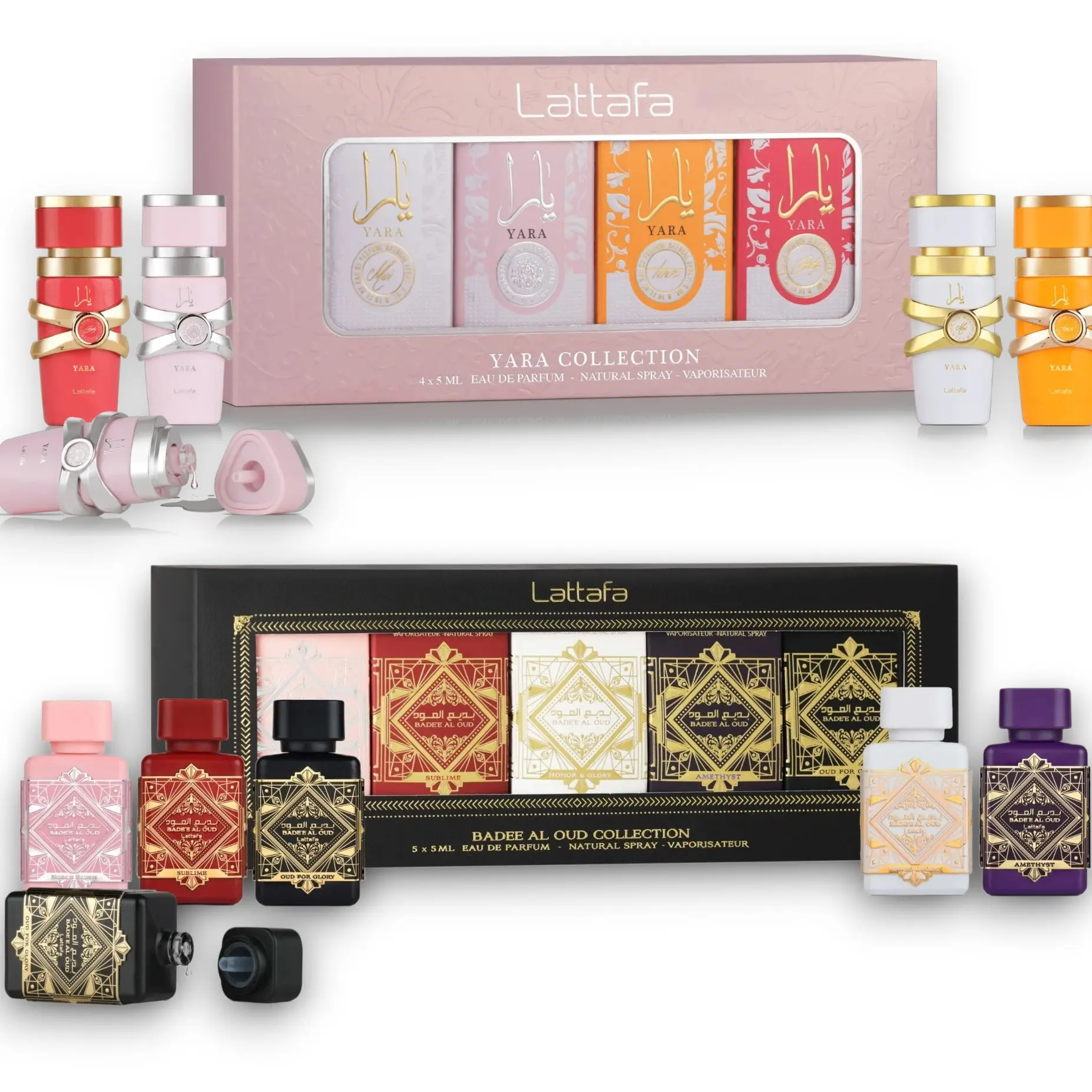 Lattafa Yara Collection & Badee Al Oud Mini Perfumes, Travel Size Unisex EDP Fragrance, 5 ml Natural Spray Vaporisateur with Fruity-Sweet & Citrus Notes