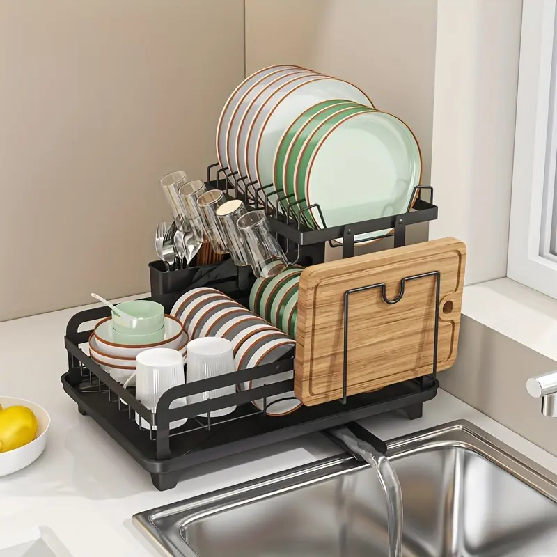 Large Capacity 2 Tier Dish Drying Rack for Family Kitchen with Auto Drain Tray and Cup Holders Multifunctional