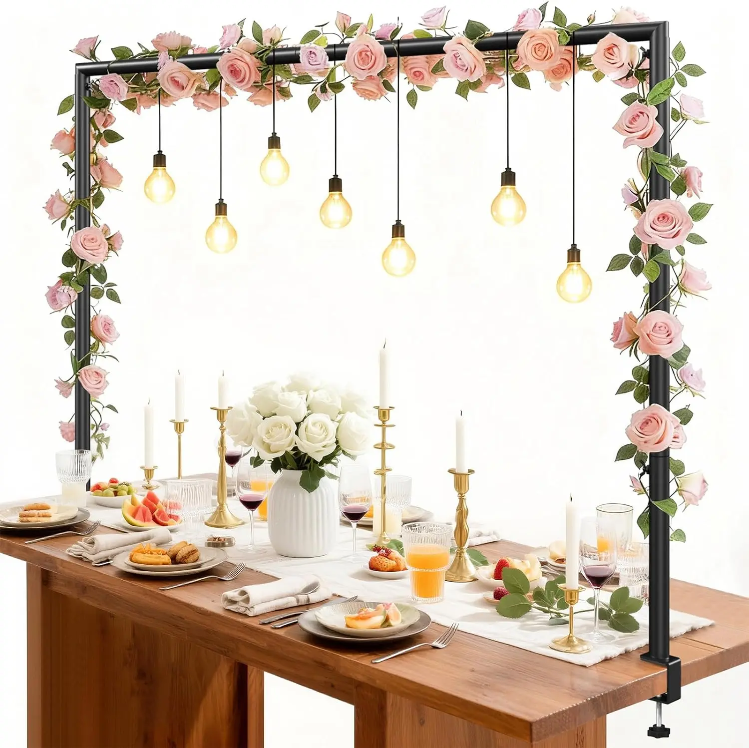 Black Metal Clamp-Design Over-The-Table Rod Stand - Hanging, Adjustable 32"-102" Length, 14"-56" Height, Secure Art Deco Display for Wedding, Birthday Party Backdrops