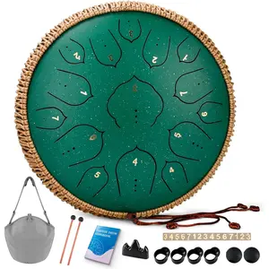 Steel Tongue Drum -15 Notes steel Drum - 14 Inch Tongue Drums Instrument, Hand Pan Drums with Music Book, Handpan Drum Mallets and Carry Bag, D Major Green