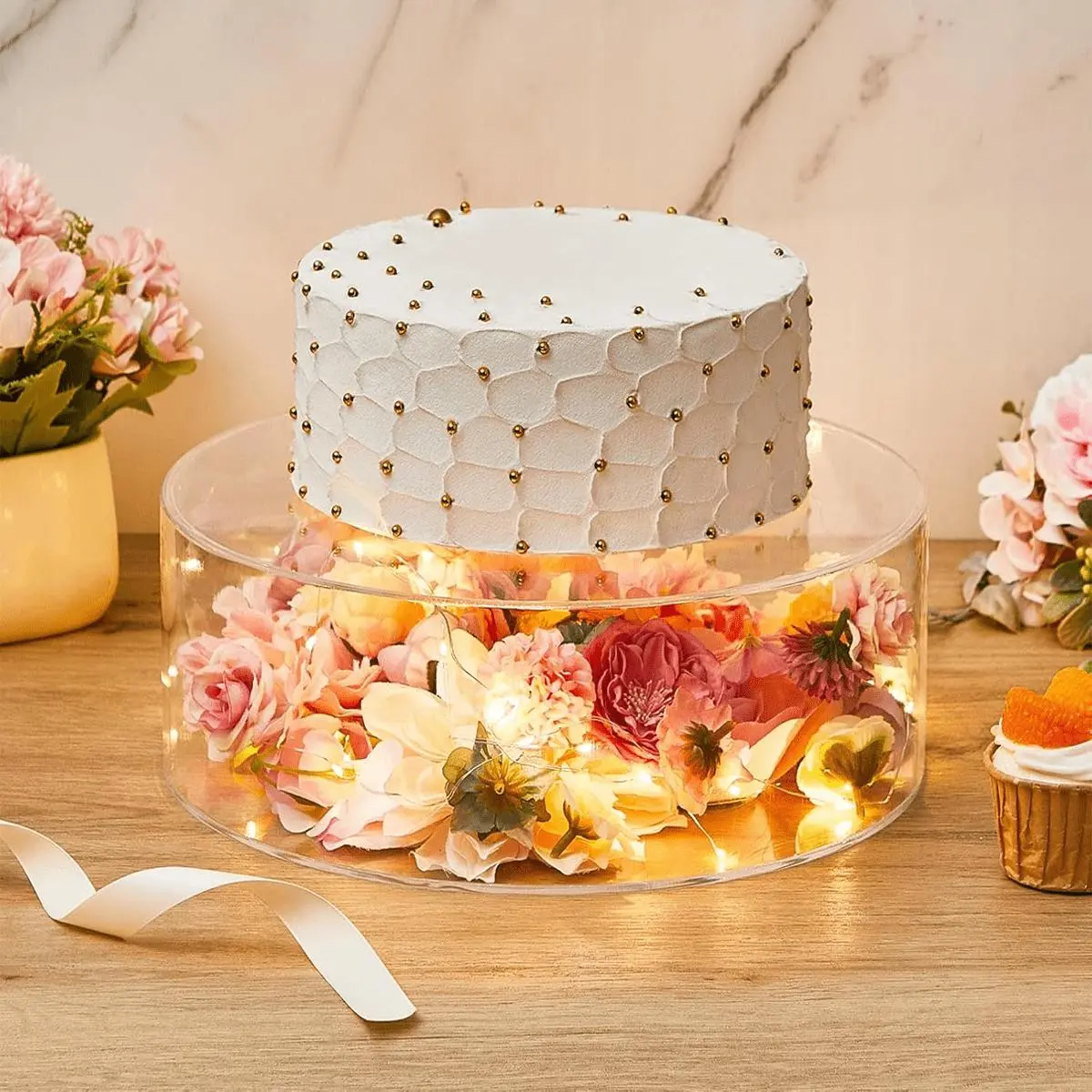 Transparent Acrylic Cake Stand, 1 Count Fillable Cake Box Stand, Covered Round Cake Display Box, Decorative Center Box for Weddings and Birthday Parties, Party Cake Stand, Cake Decoration, Cake Display Holder