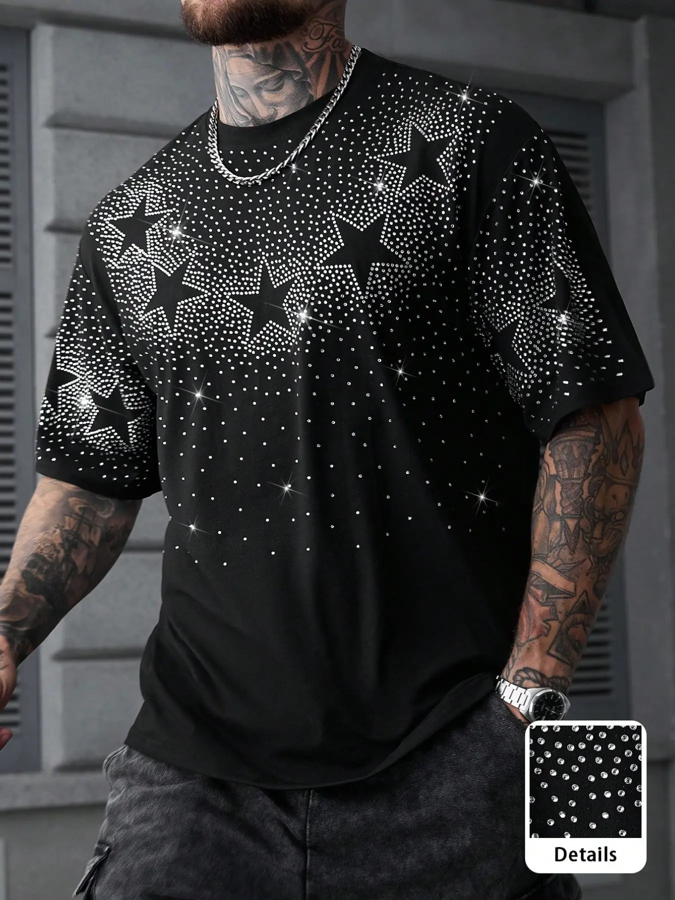 Unisex design featuring a water-crystal-embellished cross-shaped pattern on a T-shirt, a top that shines with modern design, perfect for showcasing trendy fashion sense, suitable for everyday wear in school or work, Casual, Print, Short, Streetwear