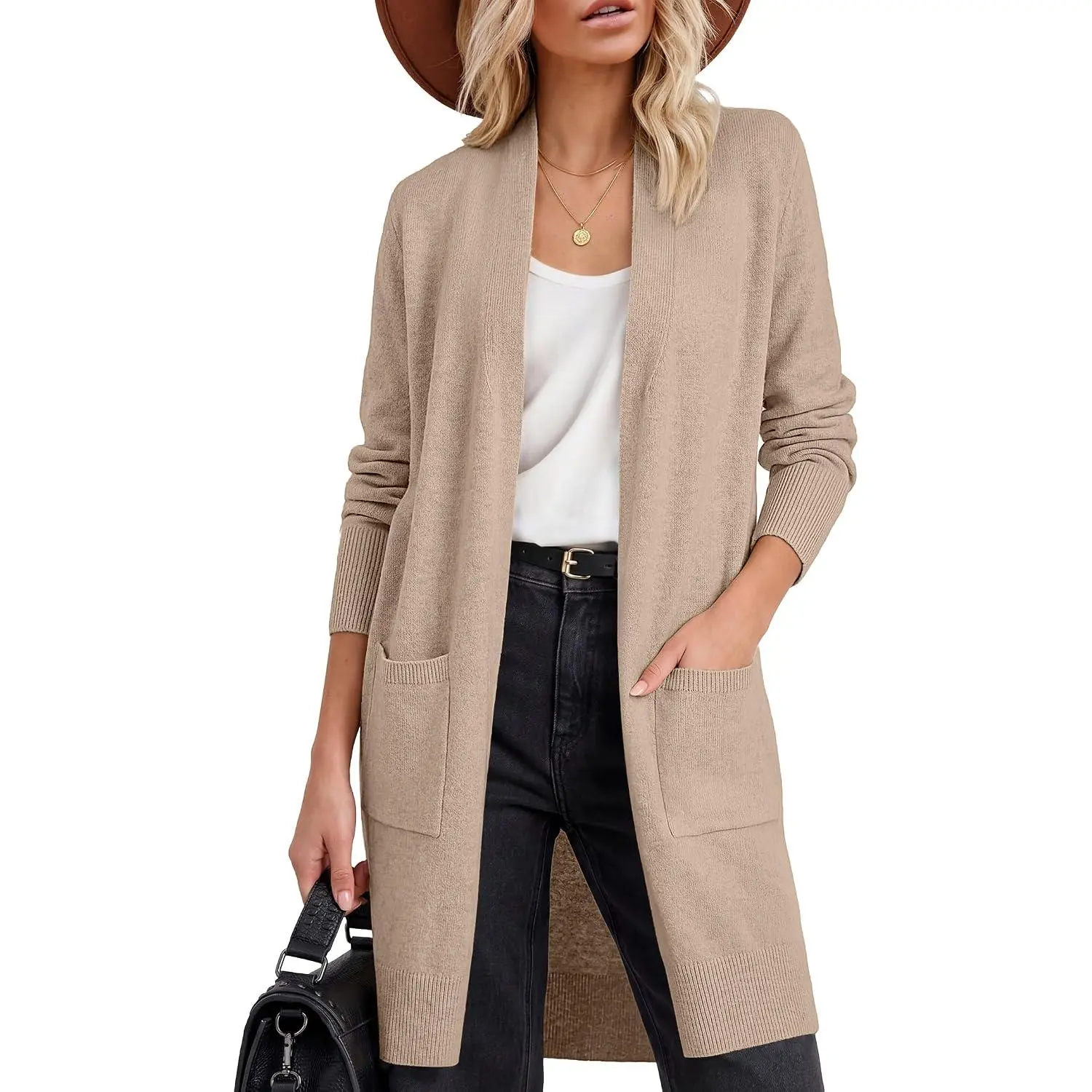 ANRABESS Women's Lightweight Open Front Cardigan Sweaters | Long Sleeve Draped V Neck Knit Coat with Pockets, Soft Stretch Fabric, Business Casual Work Travel, 2026 Fall Fashion