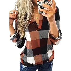 Dokotoo Womens Basic Casual V Neck Plaid Print Cotton Cuffed Long Sleeve Work Tops Blouses Shirts