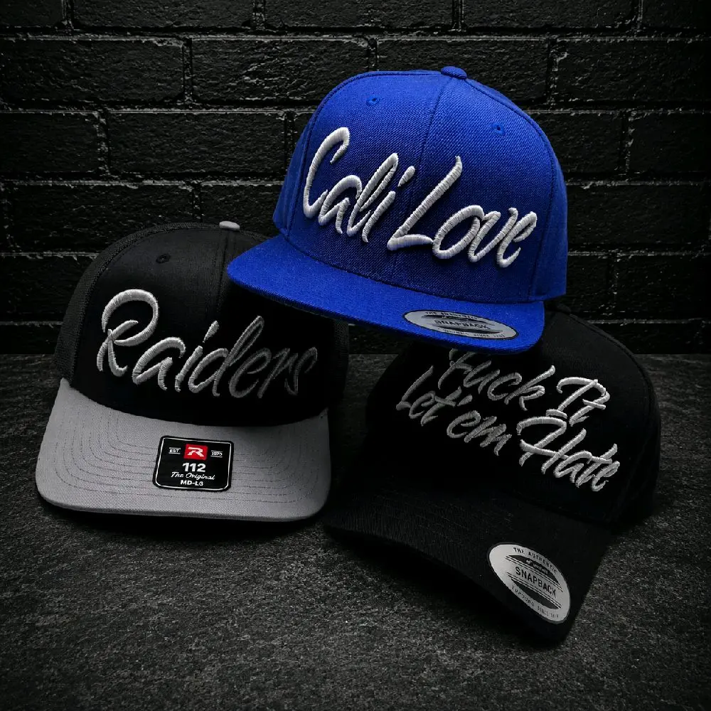Customizable 3D Script Font Hats- A-Frame, Trucker or Flatbill Snapback, Yupoong or Richardson 112 brands