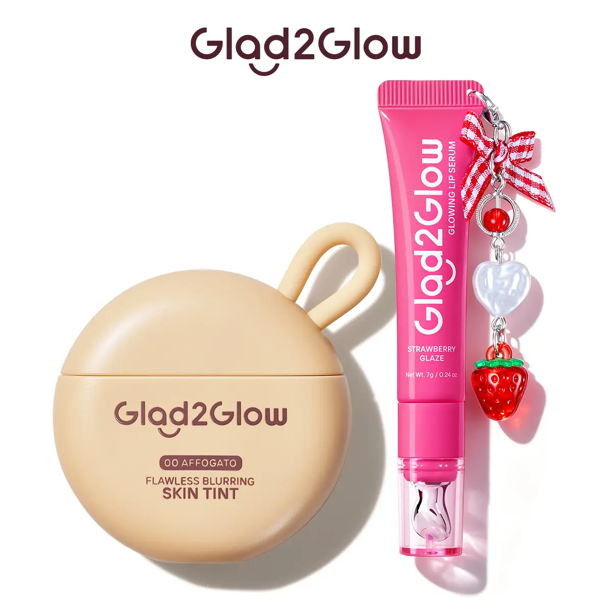 Glad2Glow Daily Makeup Routine: Flawless Skin Tint & Brightening Lip Serum Duo | Squalane & Vitamin E, Poreless Finish | Free Charm, Asian Beauty, Makeup Must-Have