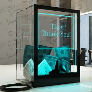 Tip Jar with 2 Sign Holders, LED Light & Lock for Bar & Party, Donation Box with Sign Holder ''Tips! Thank You!'', Suggestion Box with DIY Blank Sign Holder for Getting Cards, Voting & Ballots