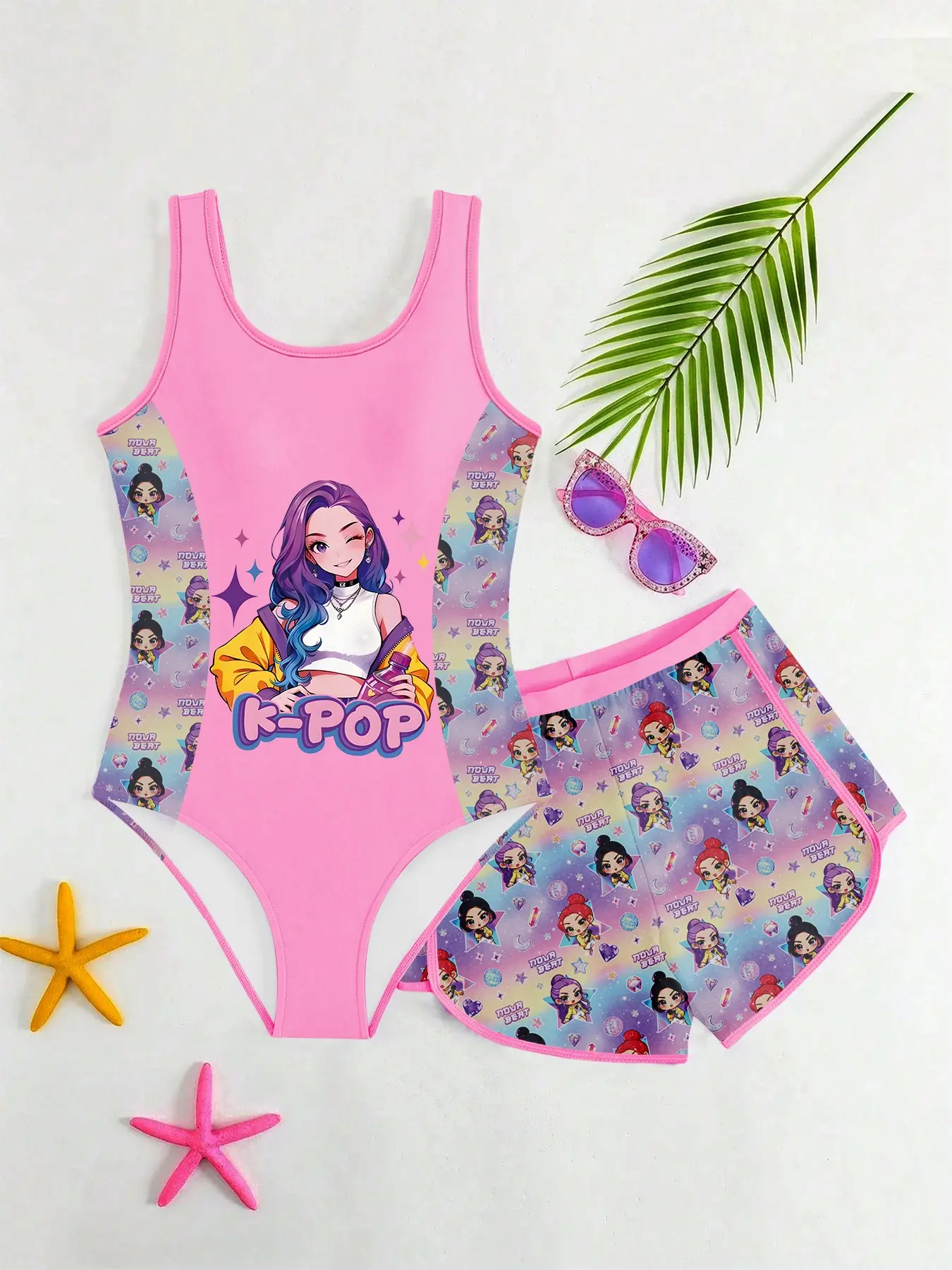 Girls' Sweet Cool Style Two-Piece Swimsuit, Gradient Hair Cartoon-Print Tank Top and Shorts Set, Casual Fitted Swimwear, Swimsuit with Shorts