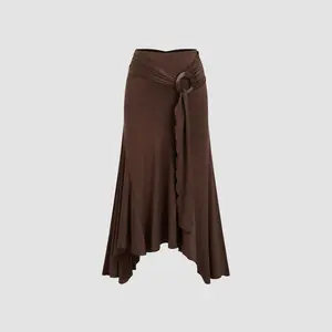 Cider Women's Mid-Rise Ruffle Hem Ruched Maxi Skirt