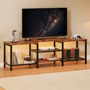 71" Farmhouse TV Stand for TVs Up to 75 Inch, Media Entertainment Center with Built-in Power Outlet & RGB LED Lights, Open Storage Console Table for Living Room & Bedroom, Brown