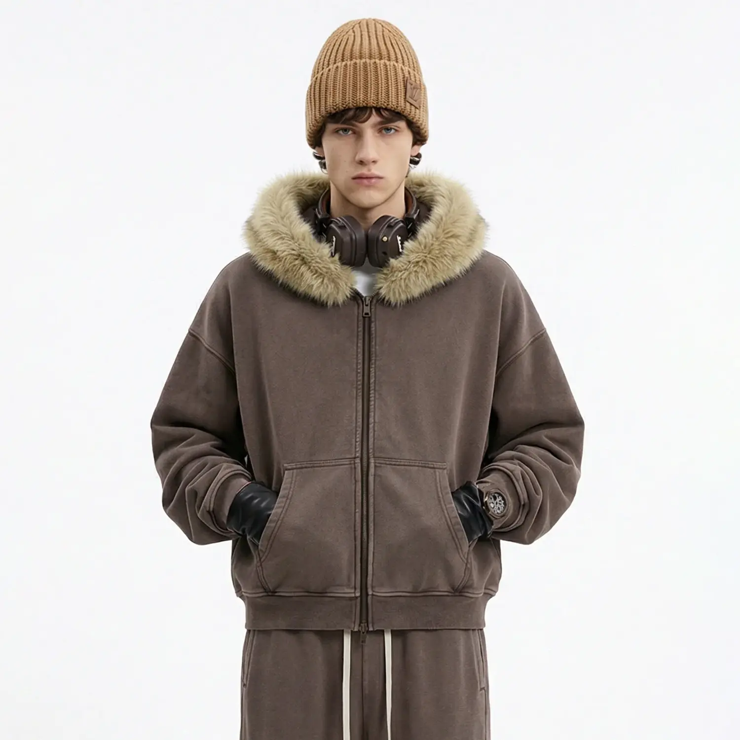 Inflation Menswear Boxy Cropped Faux Fur Zip-Up Washed Hoodie