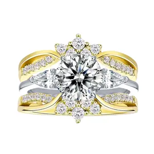 VOWSERING Luxury Wedding Ring Set for Women 1.5CT Round AAAAA CZ Yellow Gold Plated Engagement Ring
