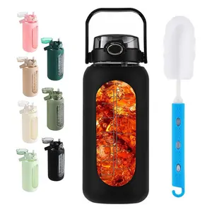 WINSA Water bottle 64oz Glass Water Bottle with Straw and Handle Lid Half Gallon Motivational Glass Bottle with Silicone Sleeve and Time Marker Large Reusable Sports Water Jug for Gym Home Workout